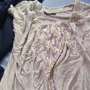 Apt. 9 Cream and Gold Ruched Sequin Cap Sleeve Blouse